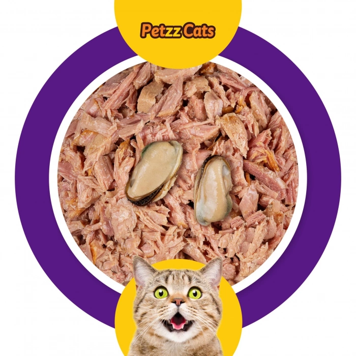 PetzzCats Lezzetli Sos İçinde Taze Fileto Ton Balıklı ve Midyeli Konserve Kedi Maması 70 Gr