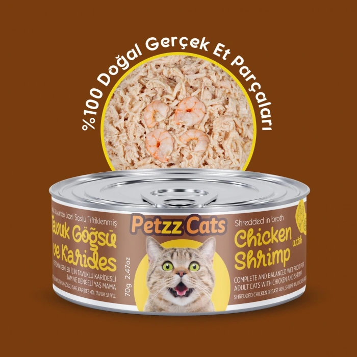 PetzzCats Lezzetli Sos İçinde Tiftiklenmiş Taze Tavuk Etli ve Karidesli Konserve Kedi Maması 70 Gr