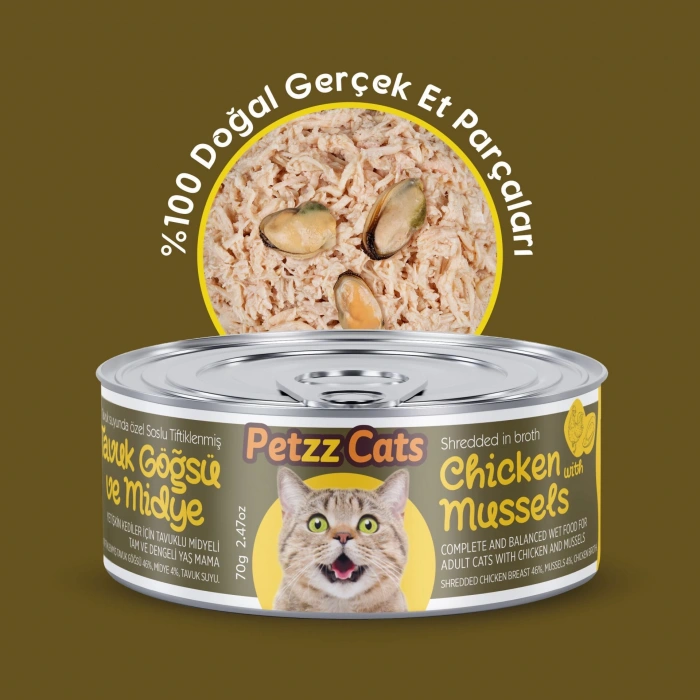 PetzzCats Lezzetli Sos İçinde Tiftiklenmiş Taze Tavuk Etli ve Midyeli Konserve Kedi Maması 70 Gr