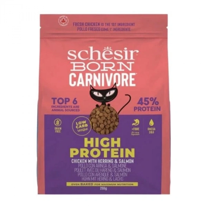 Schesir Born Carnivore Tavuklu Somonlu ve Ringa Balıklı Yetişkin Kedi Maması 255 Gr