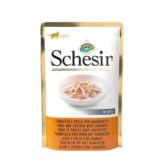 Schesir Jöleli Pouch Ton Balık ve Tavuklu Yetişkin Konserve Kedi Maması 85 Gr
