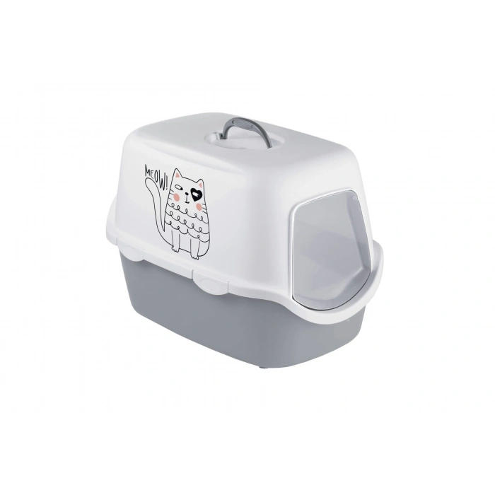 Stefanplast Cathy Griffe Kedi Desenli Kapalı Kedi Tuvaleti Beyaz/Gri 56x40x40 Cm