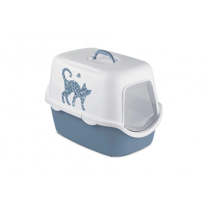 Stefanplast Cathy Griffe Kedi Desenli Kapalı Kedi Tuvaleti Beyaz/Mavi 56x40x40 Cm
