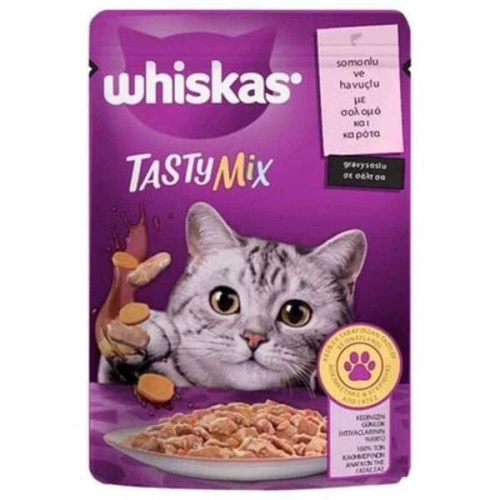 Whiskas Pouch Tasty Mix Sos İçerisinde Somonlu ve Havuçlu Yetişkin Konserve Kedi Maması 85 Gr