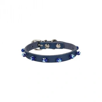 Cattie Boncuklu Deri Küçük Irk Köpek ve Kedi Boyun Tasması Medium Royal Mavi 1x20-23 Cm