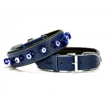 Doggie Comfort Deri Nazar Boncuklu Köpek Boyun Tasması Large Mavi 3.5x52-60 Cm