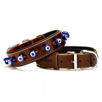 Doggie Comfort Deri Nazar Boncuklu Köpek Boyun Tasması Medium Kahverengi 3.5x47-55 Cm