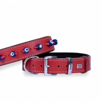 Doggie Comfort Deri Nazar Boncuklu Köpek Boyun Tasması Medium Kırmızı 3.5x47-55 Cm