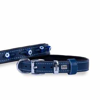 Doggie Comfort Deri Nazar Boncuklu Köpek Boyun Tasması Medium Mavi 2x30-35 Cm