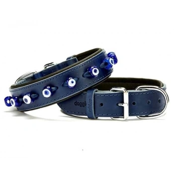 Doggie Comfort Deri Nazar Boncuklu Köpek Boyun Tasması Medium Mavi 3.5x47-55 Cm