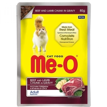 Meo Adult Parça Etli Soslu Dana ve Kuzu Etli Yetişkin Konserve Kedi Maması 80 Gr