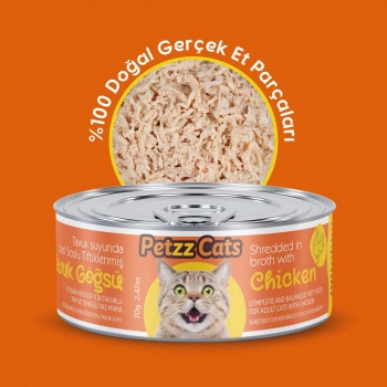 PetzzCats Lezzetli Sos İçinde Tiftiklenmiş Taze Tavuk Etli Konserve Kedi Maması 70 Gr