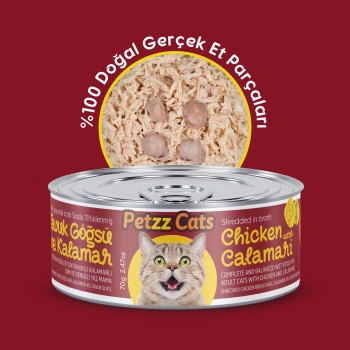 PetzzCats Lezzetli Sos İçinde Tiftiklenmiş Taze Tavuk Etli ve Kalamarlı Konserve Kedi Maması 70 Gr