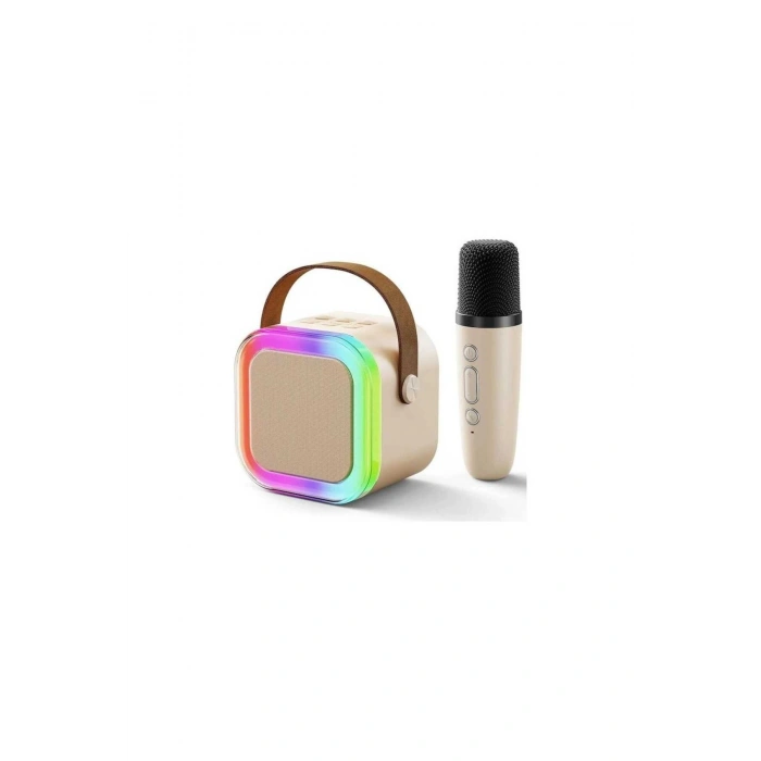 Universal FP-K12 RGB Işıklı Taşınabilir Kablosuz Bluetooth Hoparlör ve Mikrofon Seti | Karaoke | AUX, USB, FM (BEJ RENK)