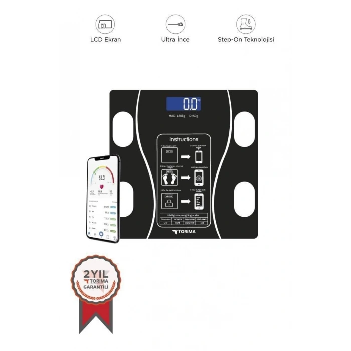 Torima Bluetooth Akıllı Tartı Dijital Baskül Yağ Kas Vücut Kitle İndeksi XK-26C Siyah