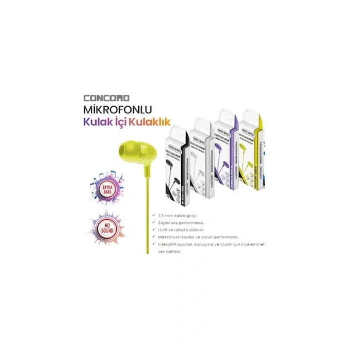 Concord E1 Mikrofonlu Kulak İçi Kulaklık (Sarı Renk)