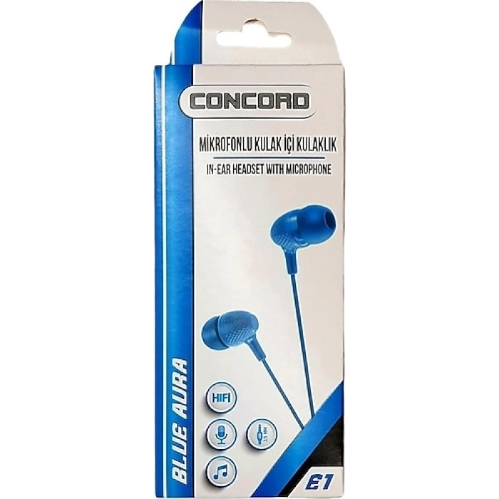 Concord E1 Mikrofonlu Kulak İçi Kulaklık (Mavi Renk)