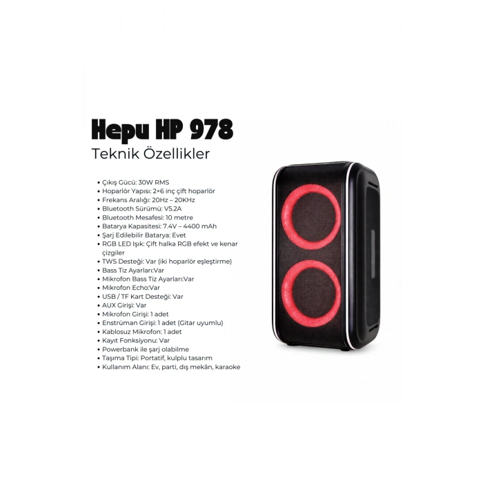 HP-978 Taşınabilir Bluetooth Hoparlör – 6” Çift Hoparlör, RGB Işık, TWS, Extra Bass