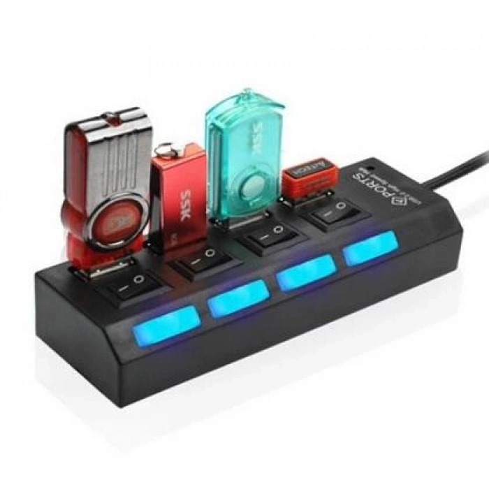 Alfais 4863 4 Port Usb 2.0 Hub Çoğaltıcı Çoklayıcı Switch Işıklı Anahtarlı