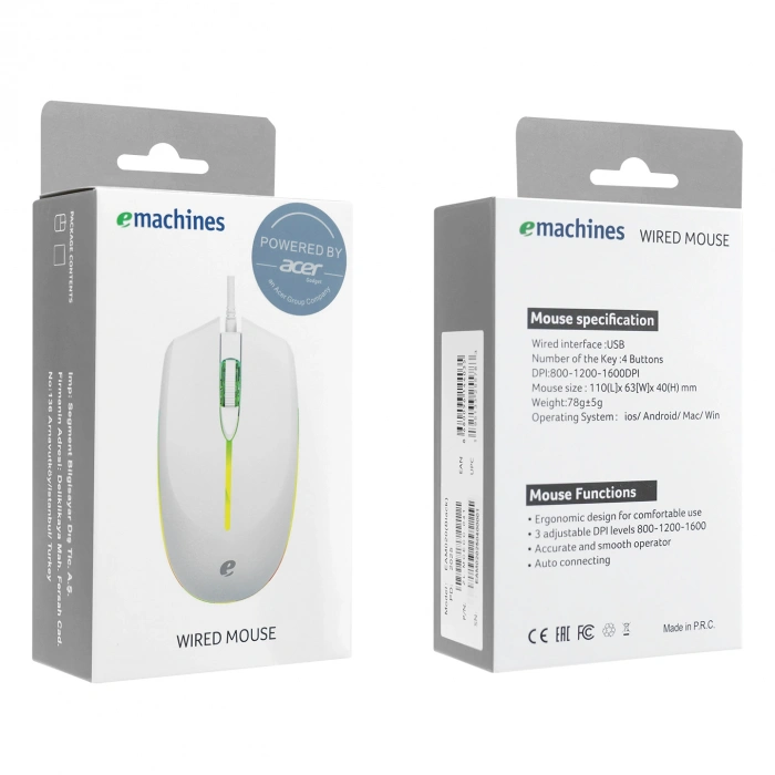 Acer eMachines EAM020 Usb Beyaz Rainbow Aydınlatmalı Mouse