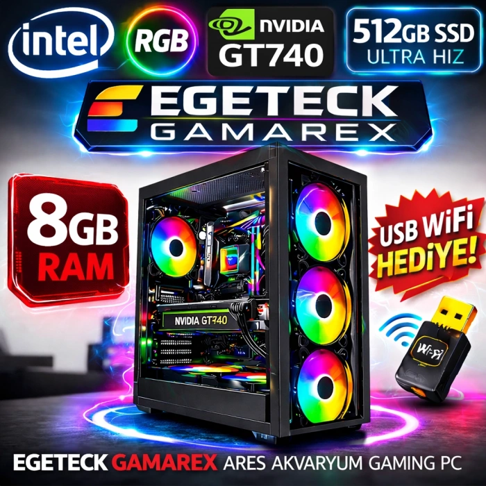 EGETECK Gamarex i5 3470 8GB RAM 512GB SSD GT740 128 BİT Akvaryum Gaming Oyuncu Bilgisayarı (GT8512)