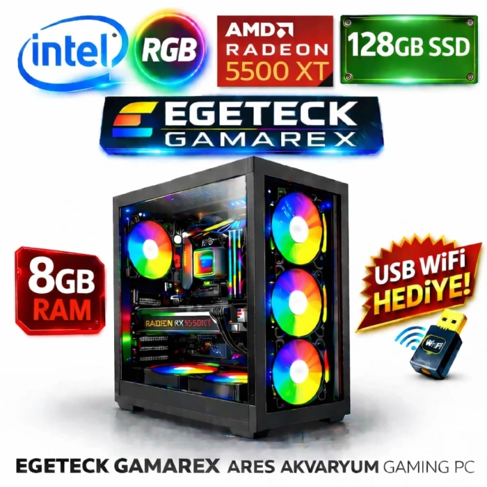 EGETECK Gamarex i5 3470 8GB RAM 128GB SSD GDDR6 RX 5500 8GB 256BİT Akvaryum Gaming Oyuncu Bilgisayarı (RX8128)