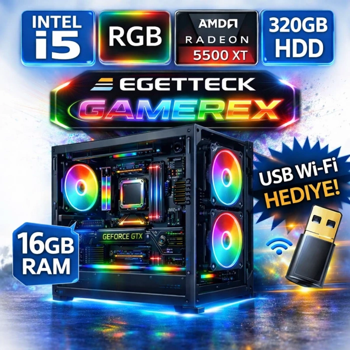 EGETECK Gamarex i5 3470 16GB RAM 320GB HDD GDDR6 RX 5500 8GB 256BİT Akvaryum Gaming 0yuncu Bilgisayarı (RX16320)
