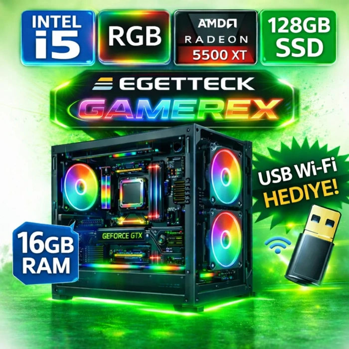 EGETECK Gamarex i5 3470 16GB RAM 128GB SSD GDDR6 RX 5500 8GB 256BİT Akvaryum Gaming Oyuncu Bilgisayarı (RX16128)