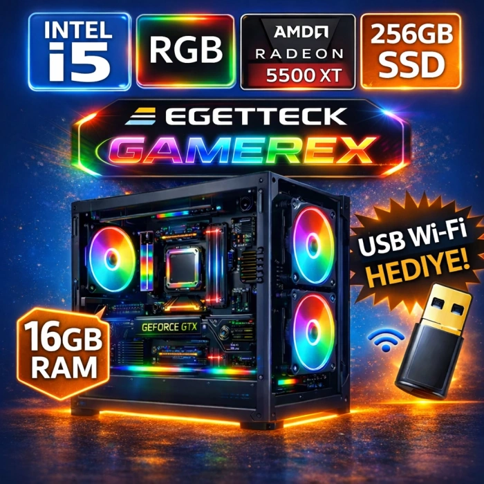 EGETECK Gamarex i5 3470 16GB RAM 256GB SSD GDDR6 RX 5500 8GB 256BİT Akvaryum Gaming Oyuncu Bilgisayarı (RX16256)