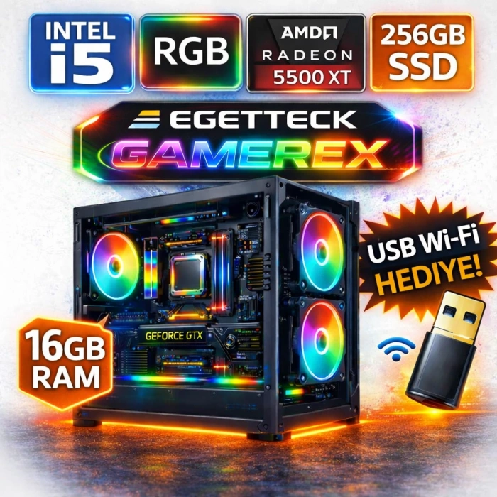 EGETECK Gamarex i5 3470 16GB RAM 256GB SSD GDDR6 RX 5500 8GB 256BİT Akvaryum Gaming Oyuncu Bilgisayarı (RX16256)