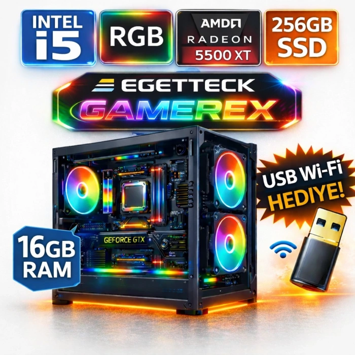 EGETECK Gamarex i5 3470 16GB RAM 256GB SSD GDDR6 RX 5500 8GB 256BİT Akvaryum Gaming Oyuncu Bilgisayarı (RX16256)