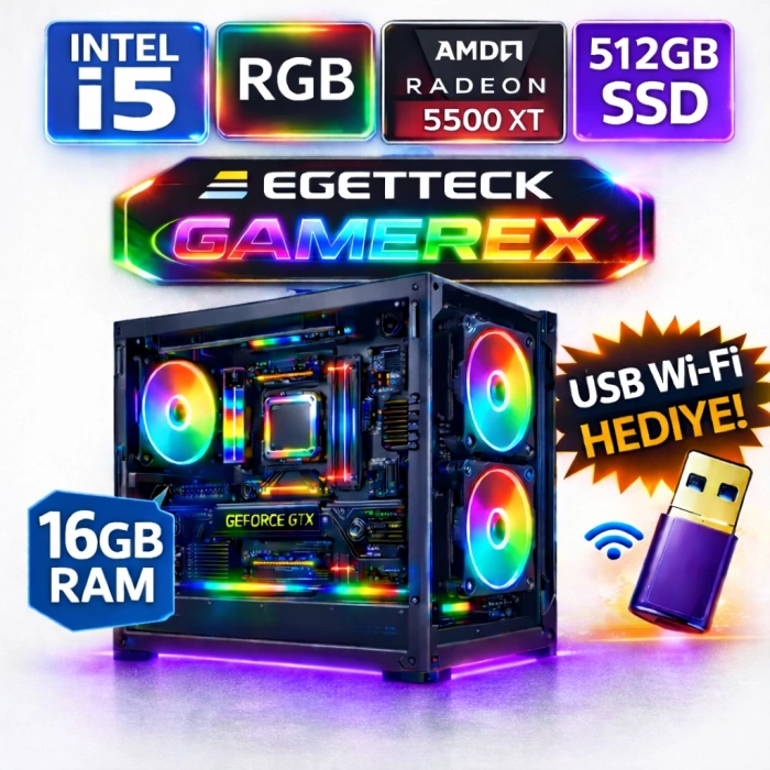 EGETECK Gamarex i5 3470 16GB RAM 512GB SSD GDDR6 RX 5500 8GB 256BİT Akvaryum Gaming 0yuncu Bilgisayarı (RX16512)