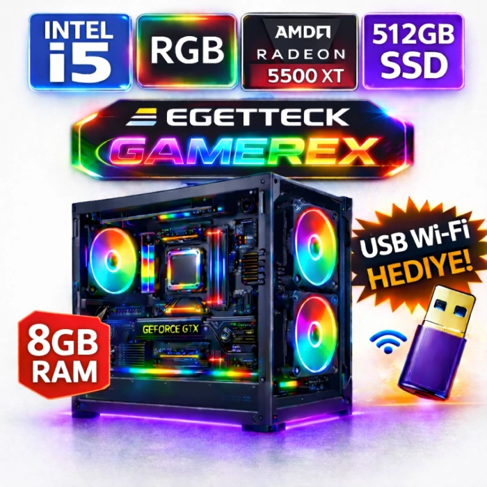 EGETECK Gamarex i5 3470 8GB RAM 512GB SSD GDDR6 RX 5500 8GB 256BİT Akvaryum Gaming Oyuncu Bilgisayarı (RX8512)