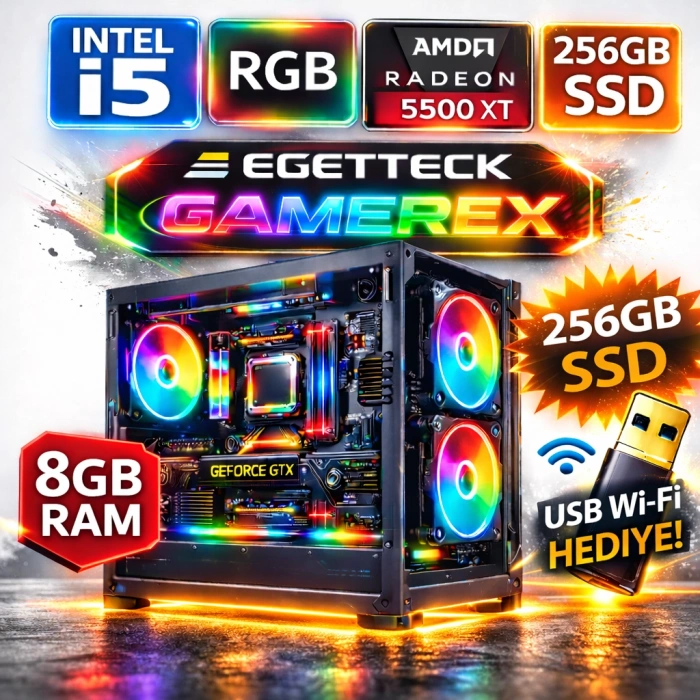 EGETECK Gamarex i5 3470 8GB RAM 256GB SSD GDDR6 RX 5500 8GB 256BİT Akvaryum Gaming Oyuncu Bilgisayarı (RX8256)