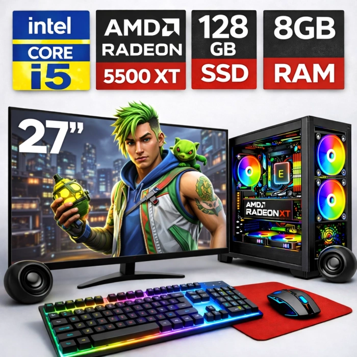 EGETECK GameX i5 3470 8GB RAM 128GB SSD GDDR6 RX 5500 16GB 256BİT 27 Monitör Akvaryum Gaming Oyuncu Bilgisayarı