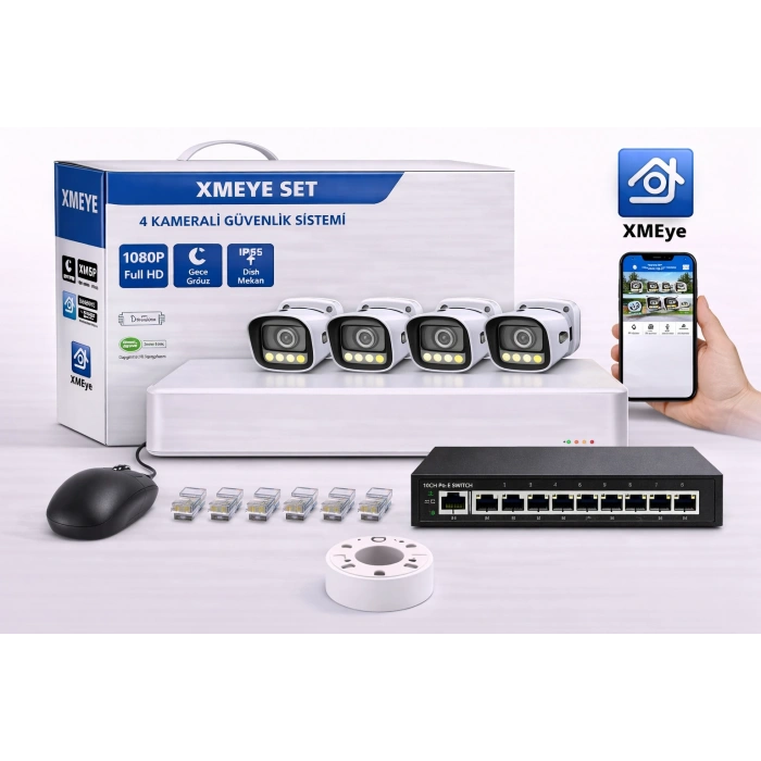 EGETECK 5MP Renkli Gece Görüşlü 4Lİ 250GB HDD İP Akıllı Güvenlik Kamera Seti