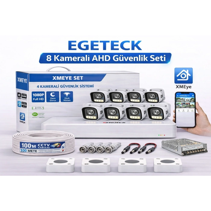 EGETECK 5MP Renkli Gece Görüşlü 8Lİ 250GB HDD AHD Akıllı Güvenlik Kamera Seti