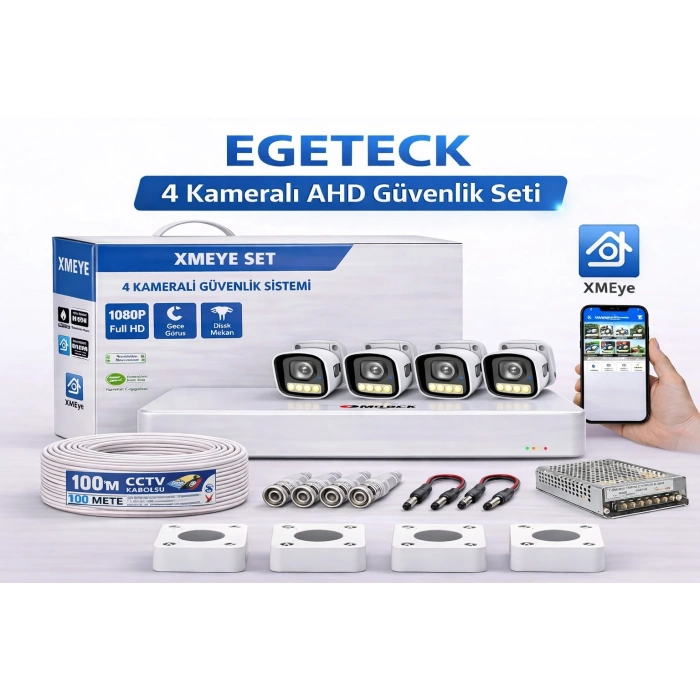 EGETECK 5MP Renkli Gece Görüşlü 4Lü 250GB HDD AHD Akıllı Güvenlik Kamera Seti