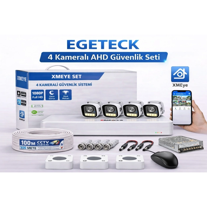 EGETECK 5MP Renkli Gece Görüşlü 4Lü 250GB HDD AHD Akıllı Güvenlik Kamera Seti