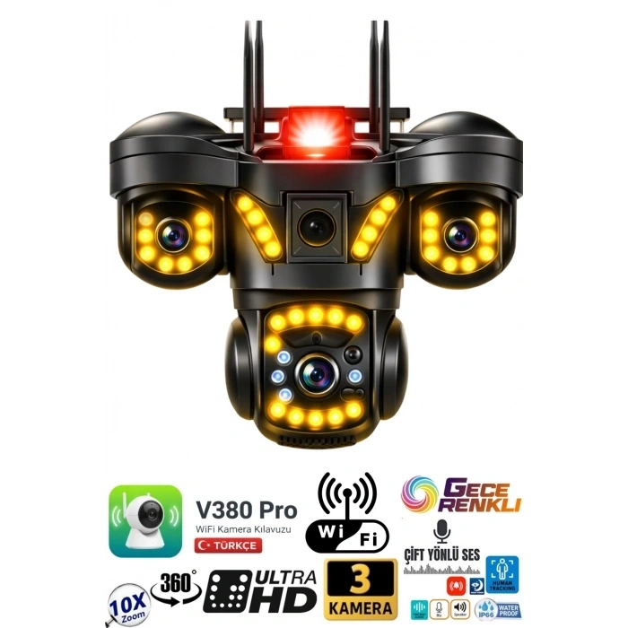 V380 PRO 3 Kamera 10X Zoom 4K PTZ IP Sesli Sirenli WiFi Akıllı Güvenlik Kamera ( 3+3+3 MP )