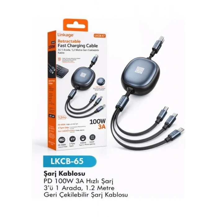 Linkage LKCB-65 3’ü 1 Arada Şarj Kablosu 100W Hızlı Şarj Geri Çekilebilir