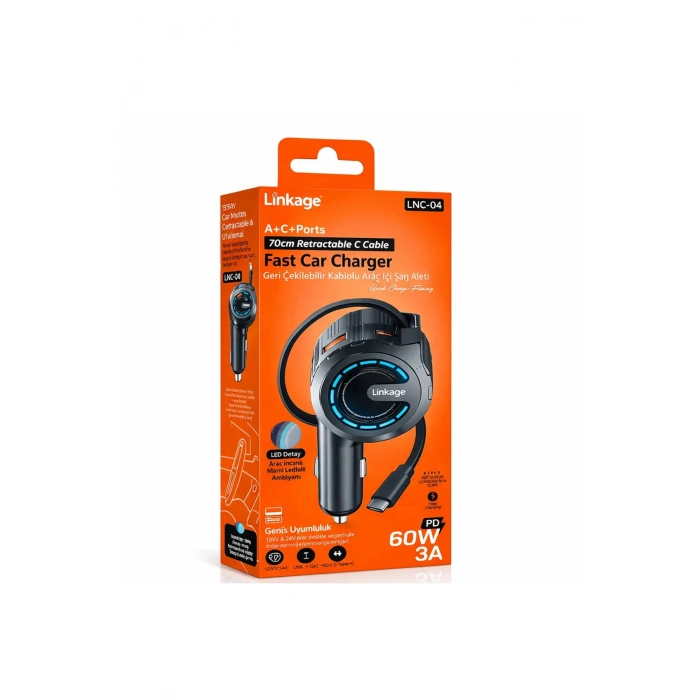Linkage LNC-04 60W 3A PD Hızlı Araç Şarjı Type-C Makaralı Kablo Araç İçi Şarj Soketi