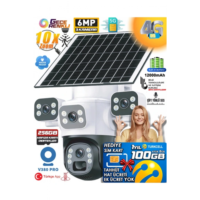 Aurora 3 Kameralı 6MP 4K 4G 100GB Sim Kart Hediye Güneş Panelli Solar 360 PTZ Akıllı Güvenlik Kamera