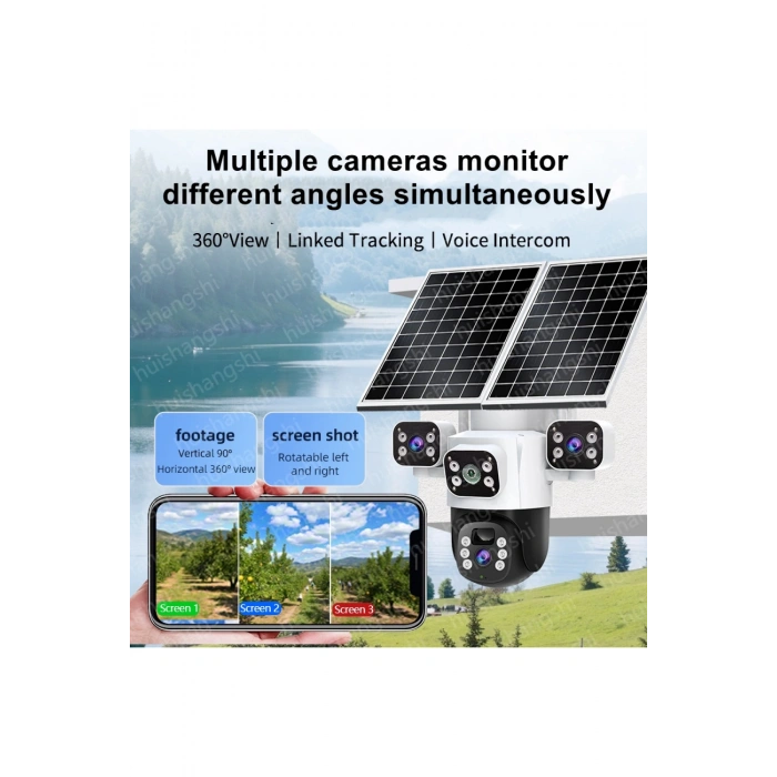 Aurora 3 Kameralı 6MP 4K 4G 100GB Sim Kart Hediye Güneş Panelli Solar 360 PTZ Akıllı Güvenlik Kamera