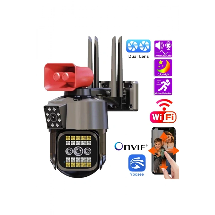 Blic Blm-36 Çift Kameralı Hareket Takipli Gece Sensörlü Çift Siren Su Geçirmez Onvif Wifi Ip Kamera