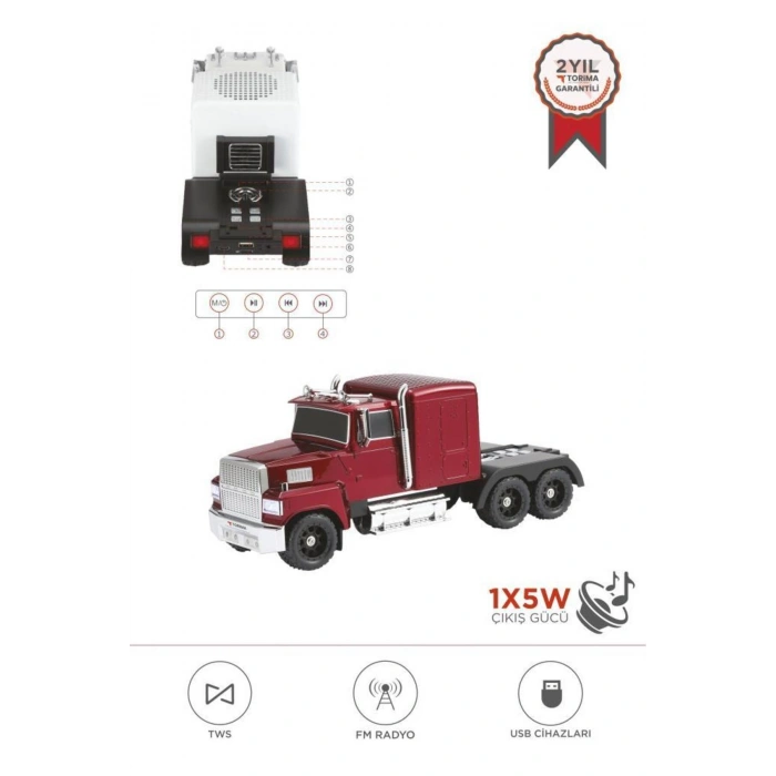 Bluetooth Hoparlör Tır Tasarımlı FM AUX USB Destekli Speaker D50 Kırmızı