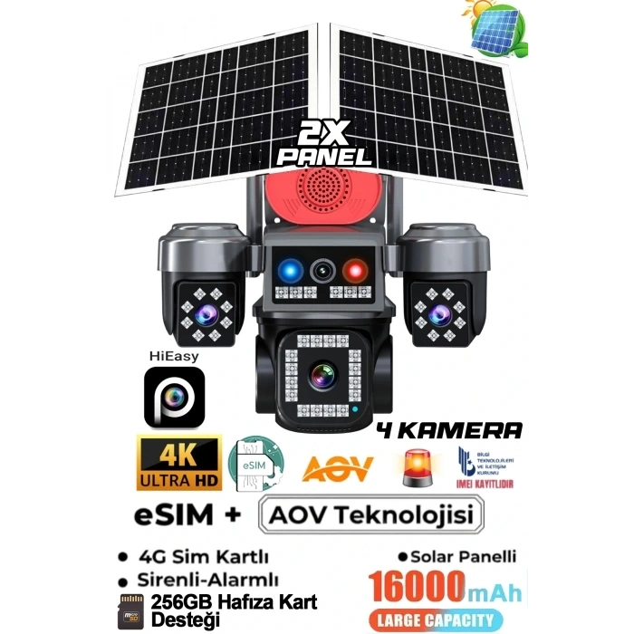 RT-2413A iEasy APP 4 Kamera 12MP 4K AOV eSİM 4G Gece Renkli Görüş İnsan Takibi Solar PTZ Akıllı KameraA