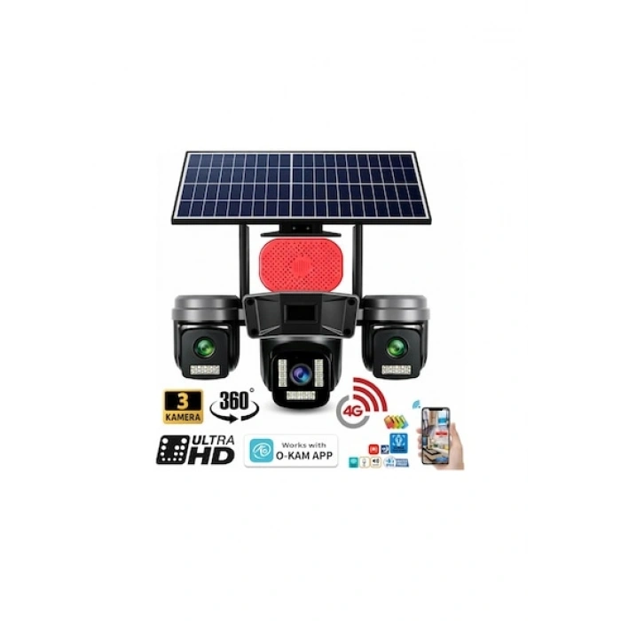 İRONİX TP16 4G Sim Kartlı 4K 9MP Solar Güvenlik Kamerası 3 Kameralı 360 Görüş Sirenli
