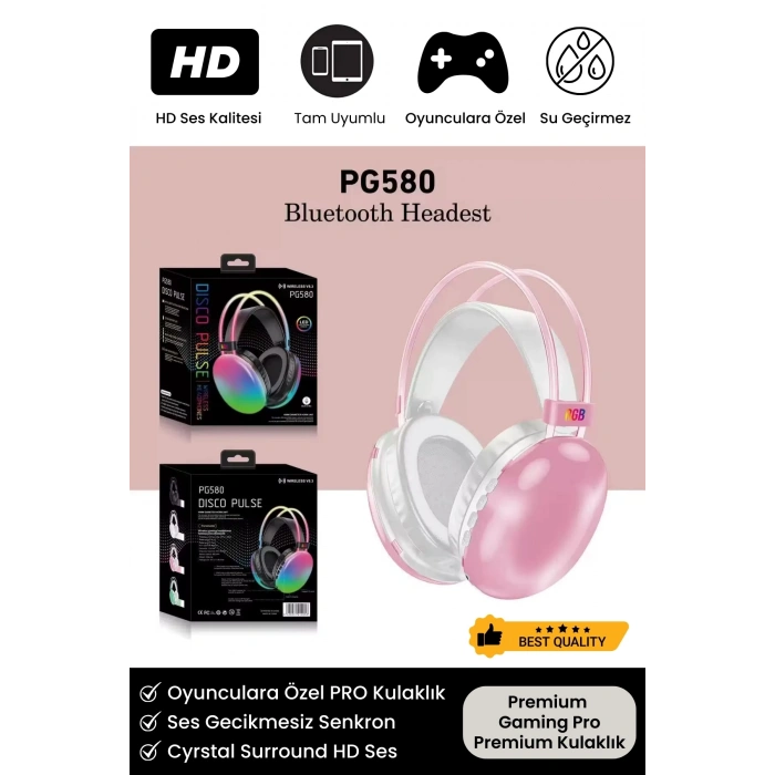 YK Desing PG580 Premium Seri Mikrofonlu RGB LED Işıklı Bluetooth Kablosuz Kafa Üstü Kulaklık