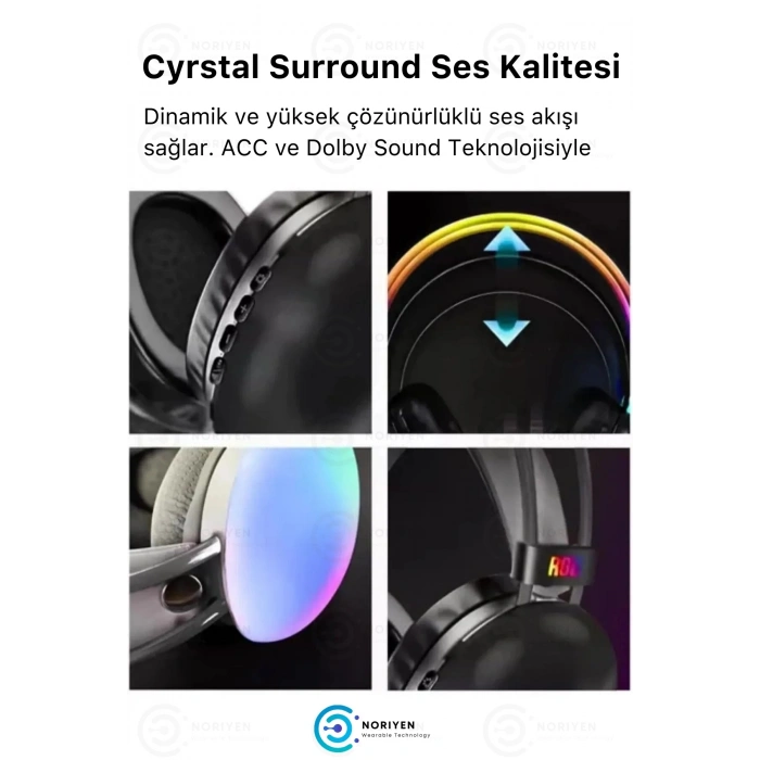 YK Desing PG580 Premium Seri Mikrofonlu RGB LED Işıklı Bluetooth Kablosuz Kafa Üstü Kulaklık